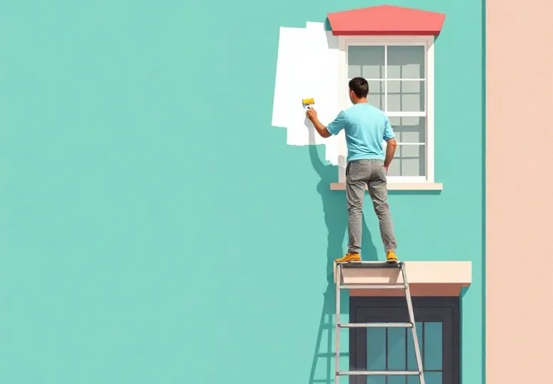 Peintre sur échafaudage traitant la façade d'une maison