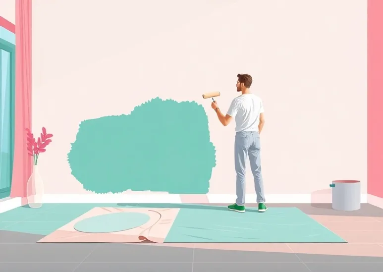 Peintre appliquant la peinture au rouleau sur un mur de salon